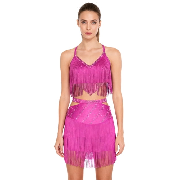 RUNQHUI Fringe Latin Dance Salsa Tango Ballroom Women's Rave Outfit Tassel Mini Skirt with Crop Top Set Hot Pink S