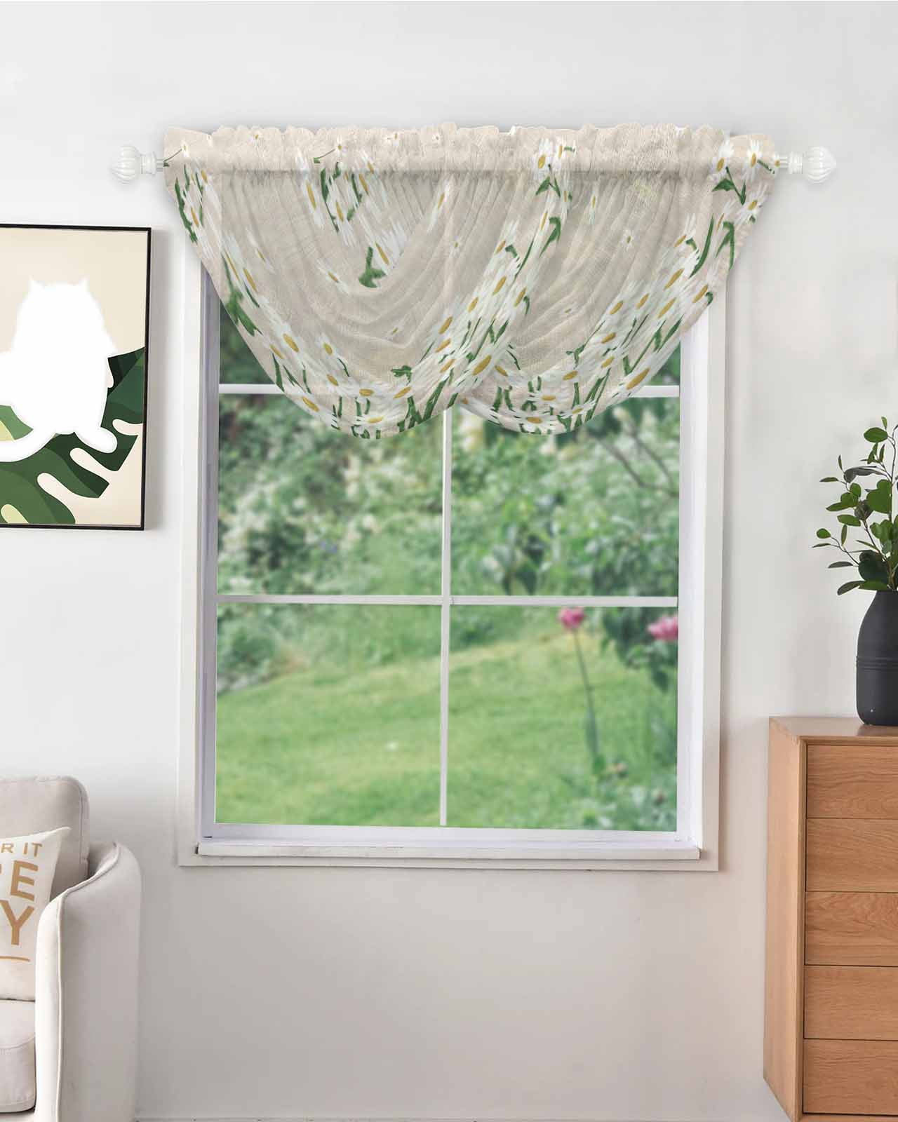 Waterfall Valances for Windows, Spring Floral Kitchen Sheer Valance Curtains, White Daisy Farmhouse Linen Texture Rod Pocket Elegant Swag Valances for Living Room Bedroom, 47.2"x38.5", 2 Panel