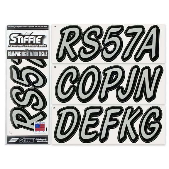 STIFFIE Whipline Solid Metallic Silver/Black 3" Alpha-Numeric Registration Identification Numbers Stickers Decals for Boats & Personal Watercraft