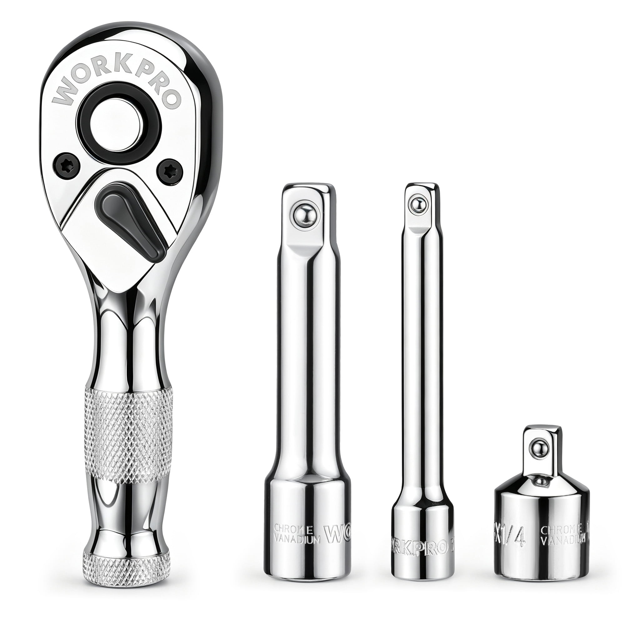 WORKPRO 4-Piece Stubby Ratchet and Extension Bar Set, 72-Tooth 3/8" Drive Quick-Release Ratchet with Socket Adapter, Chrome Vanadium Steel for Automotive Repair