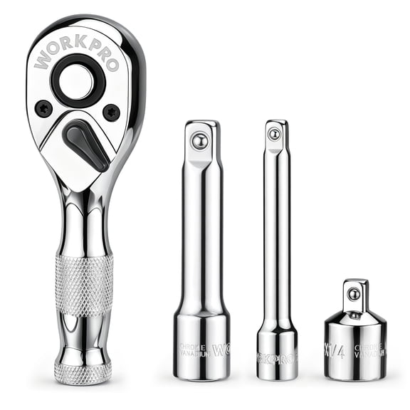 WORKPRO 4-Piece Stubby Ratchet and Extension Bar Set, 72-Tooth 3/8" Drive Quick-Release Ratchet with Socket Adapter, Chrome Vanadium Steel for Automotive Repair