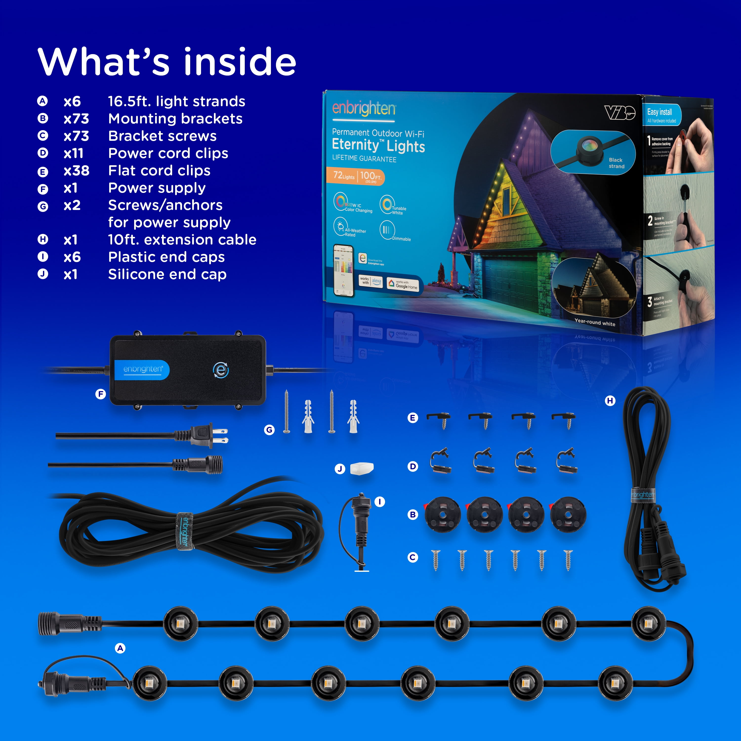 Enbrighten 100ft Wi-Fi Eternity Lights, Permanent Outdoor Lights, 72 LEDs, Smart LED Eaves Lights for Christmas, Halloween, Party, Game Day and More