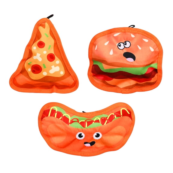 Potaroma 3-pack no stuffing squeaky dog toys, food-themed plush set (burger, hot dog & pizza), soft & durable chew toy for small & medium dogs
