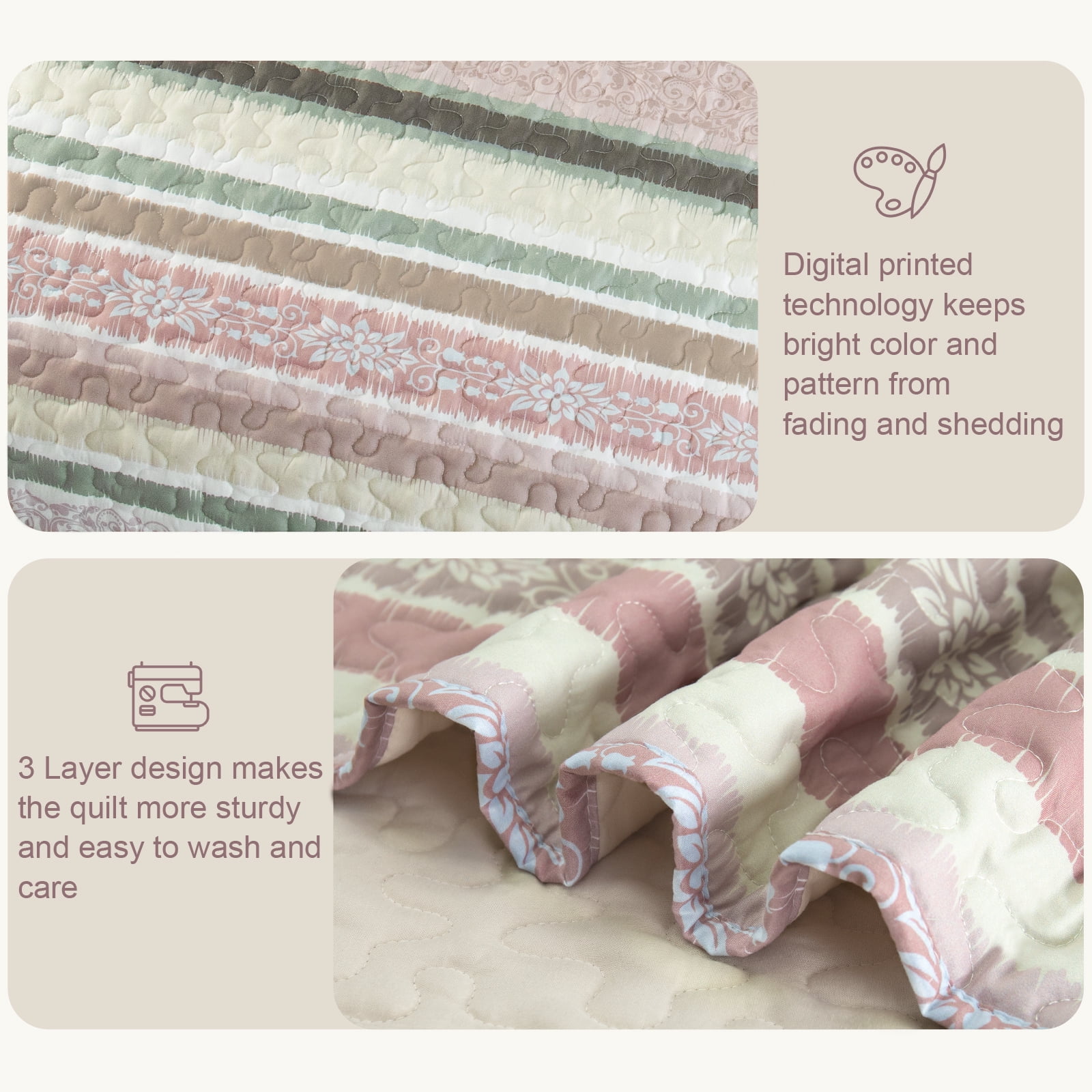 Exclusivo Mezcla Reversible Boho Quilt Set Queen Size, 3 Pieces Bohemian Striped Pink All Season Bedspreads, Ultra Soft Floral Coverlet Bedding Set with Printed Pattern (1 Quilt, 2 Pillow Shams)