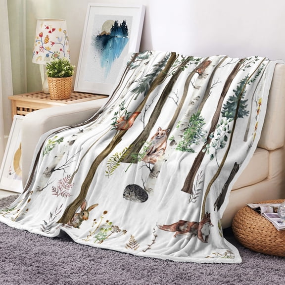 Rustic Forest Throw Blanket, Rustic Lodge Forest Cabin Country Hunting Woodland Fleece Blanket, Wild Animal Bear Moose Deer Fox in Forest Soft Plush Blanket, 50X60IN