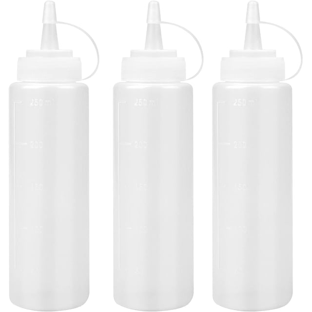 3 Pack Botellas Exprimibles para Salsa de 8 Onzas (250 ml) - Botellas de Plástico con Tapa Giratoria y Boquilla Dosificadora, para Ketchup, Aceite, Glaseado, Mostaza, Salsas y Manualidades
