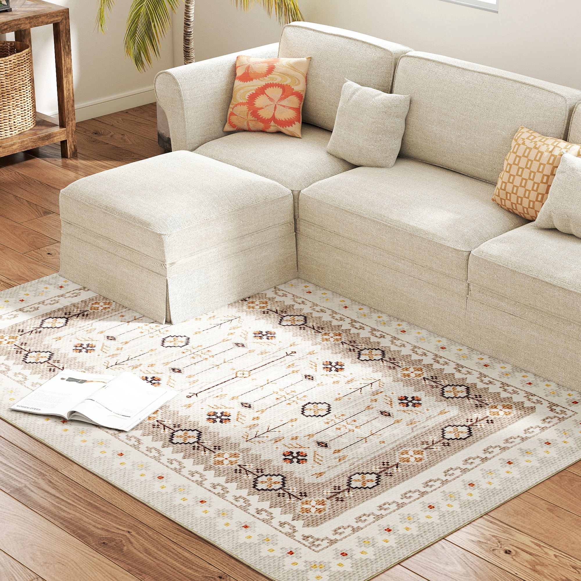 HOMCOM Machine Washable Area Rug 4x6, Non-Slip Boho Flannel Print Floor Cover Foldable Carpet for Living Room, Bedroom, Dining Room, Brown