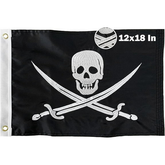 Pirate Jolly Roger Flag 12x18 Inches White Pirate Flags for Boat, Embroider Nylon pattern for Outdoor, with 2 Brass Grommets 4 Stitching Rows Heavy Duty Nylon Water-resistant Vivid Color and
