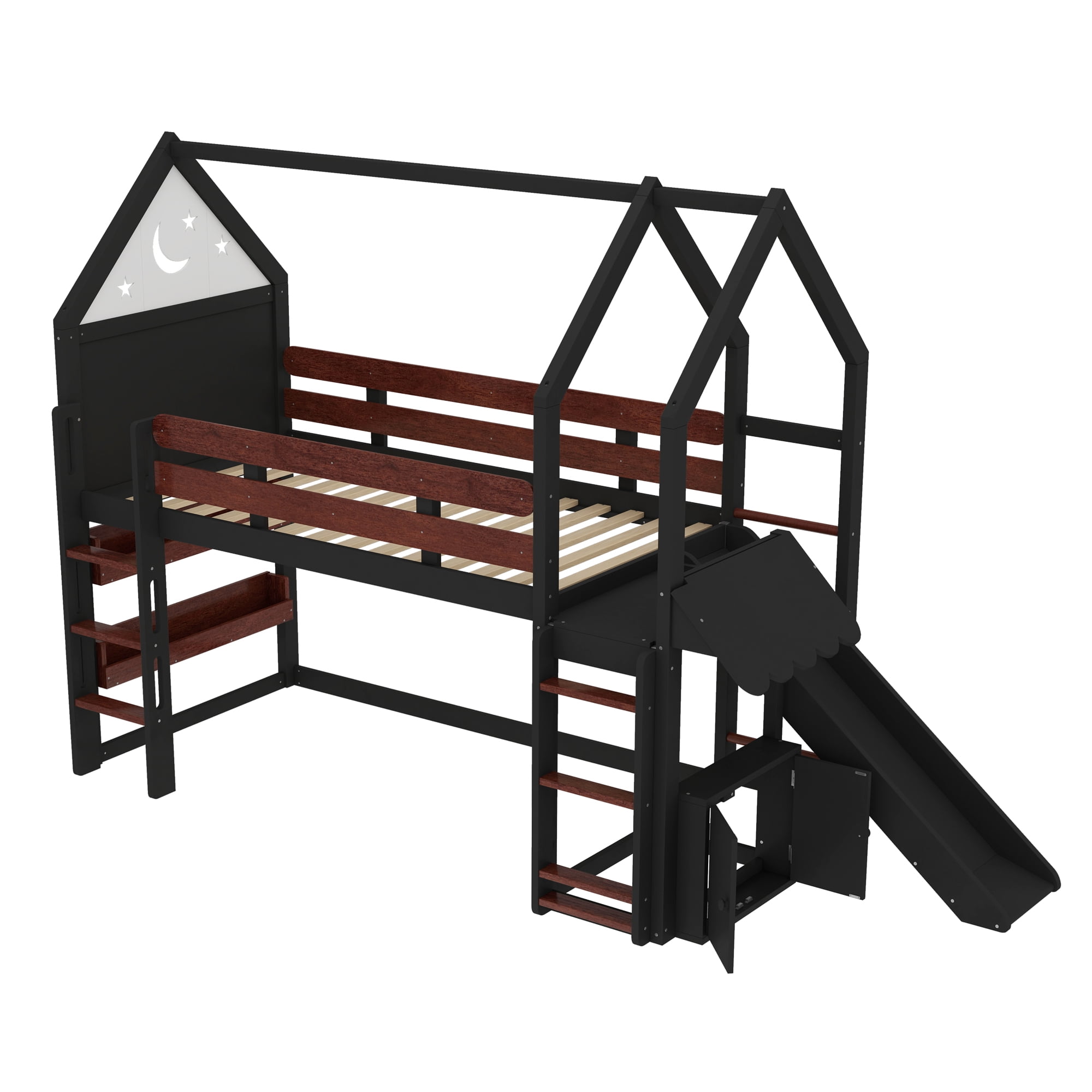 Yoneston Twin House Shaped Loft Bed with Slide & Bookshelf, Starry Moon Platform House Bed with Stairs, Roof & Guardrails for Kids Teens Bedroom, Beige