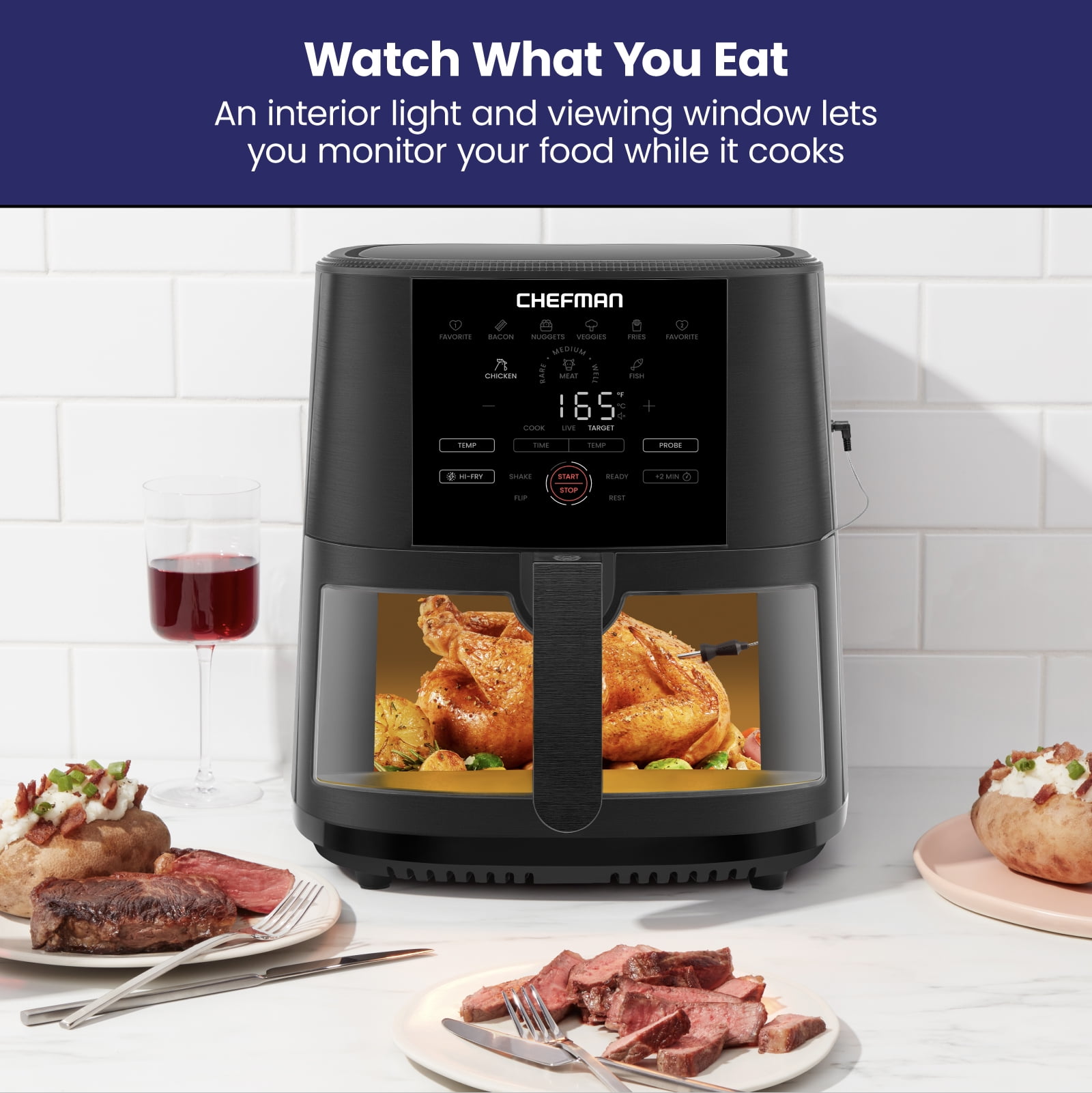 Chefman Air Fryer w/ Digital Touch Display, 8 Qt. Capacity, Windowed Basket - Black, New