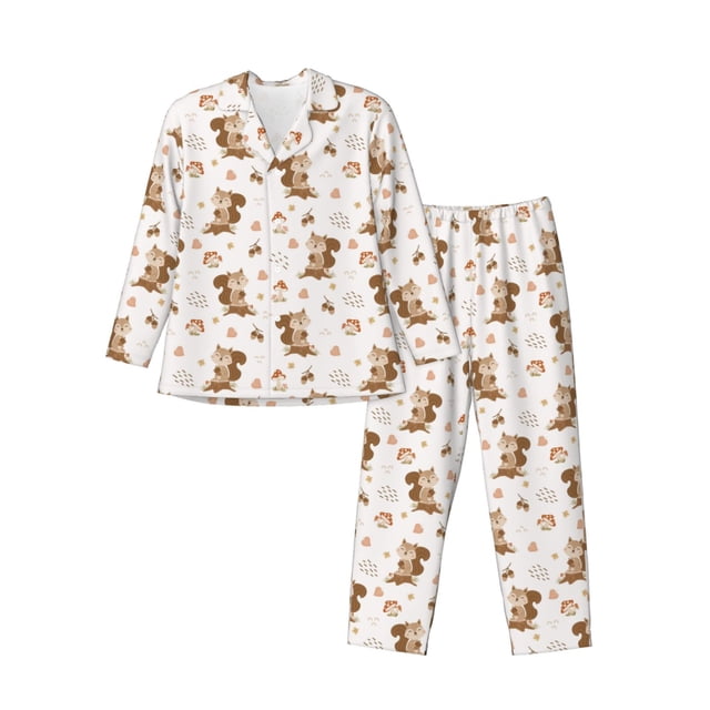 Balery Fall Squirrel Pijama para Hombre de Dos Piezas con Manga Larga, Conjunto de Dormir y Descanso Suave con Bolsillos-Large