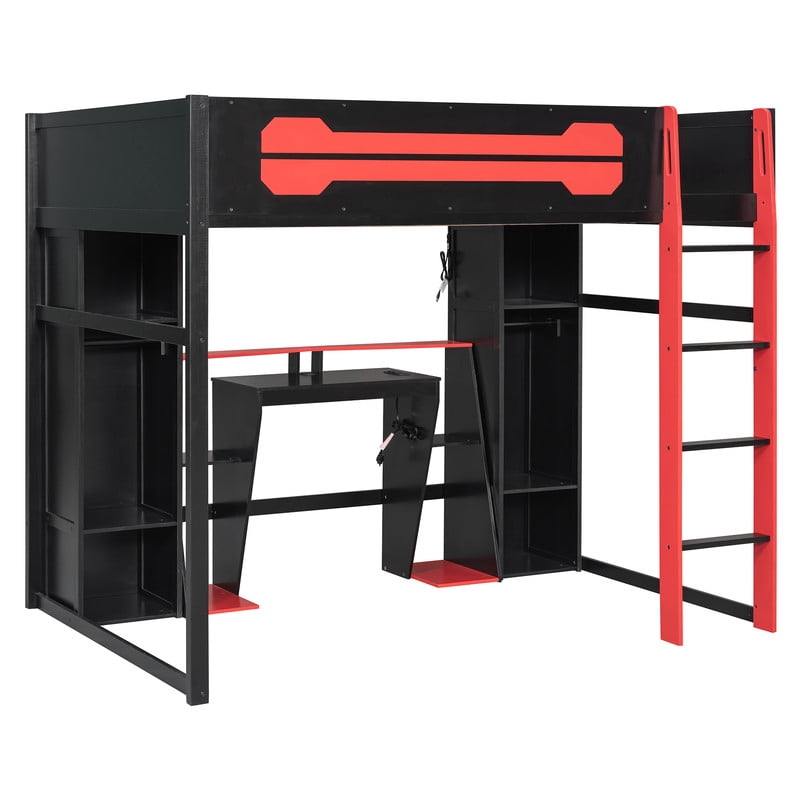 Full Size Wooden Gaming Loft Bed with Desk, RGB LED Lights, USB Charging Station, Wardrobe and Storage Cabinets, Space-Saving Loft Bed Frame with Workstation for Bedroom