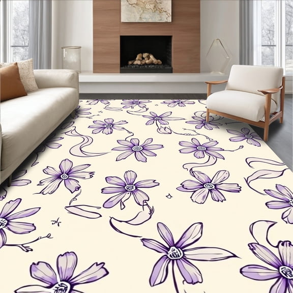 ODIKA 4'x6' Machine Washable Non-Slip Area Rug, Elegant Abstract Blossom Motif High Traffic Rug, Lavender, 236137
