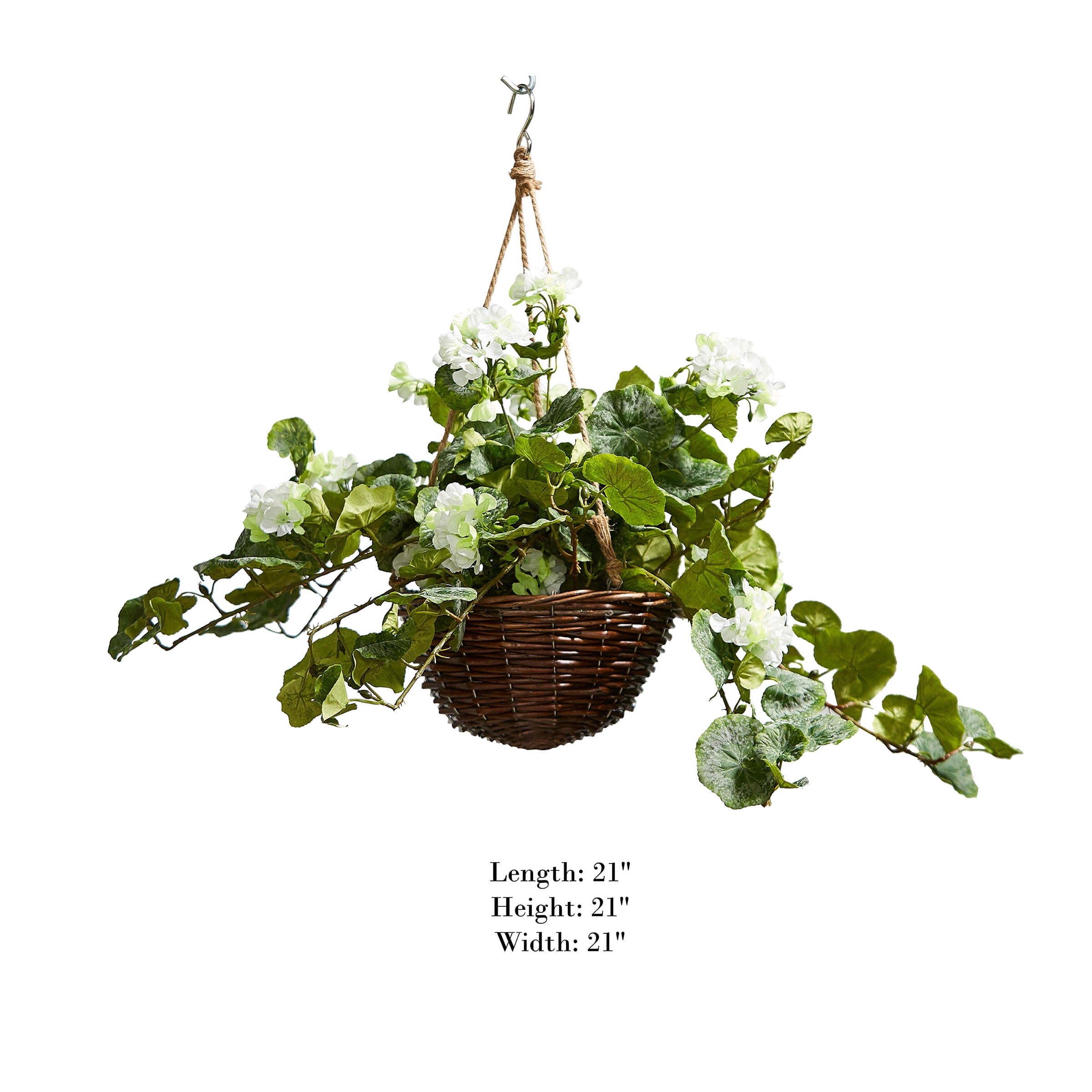 Pure Garden Faux Flowers – White Geranium Hanging Natural and Lifelike Floral Arrangement with Basket