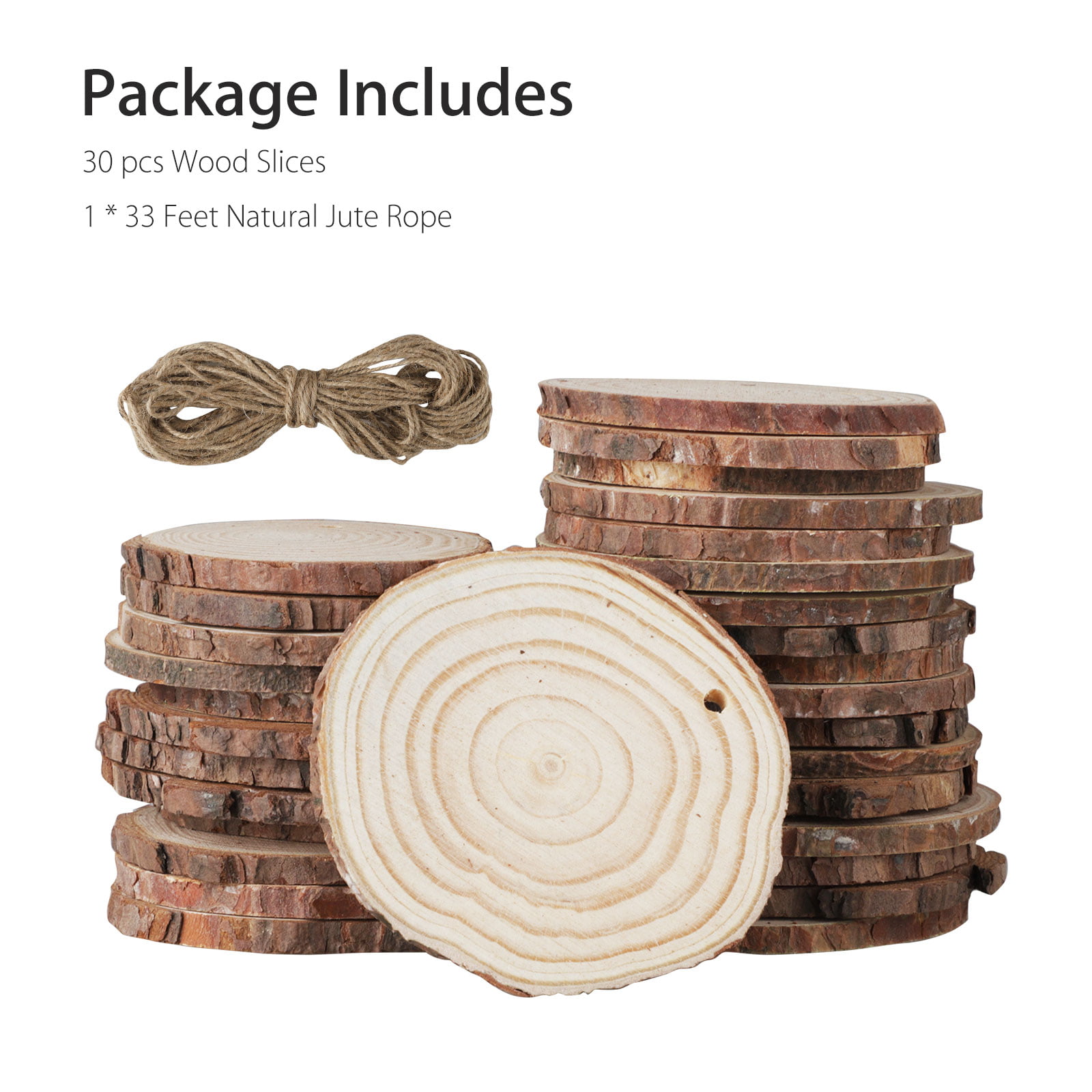 50 Pcs Natural Wood Slices Unfinished Predrilled Round Discs Hole Wooden Circles with 40 Feet Natural Jute Twine 2.4-2.8 for Arts,Crafts,Christmas,Rustic Wedding Ornaments,DIY Crafts and Gift Tags 