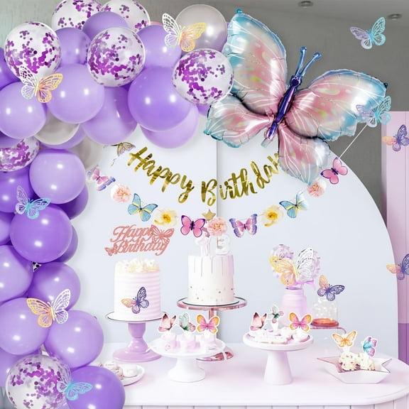 Easy Joy 73Pcs Butterfly Birthday Party Decorations for Girls Purple Birthday Decorations Latex Balloon Arch Kit for Women with Tablecloth and Banner