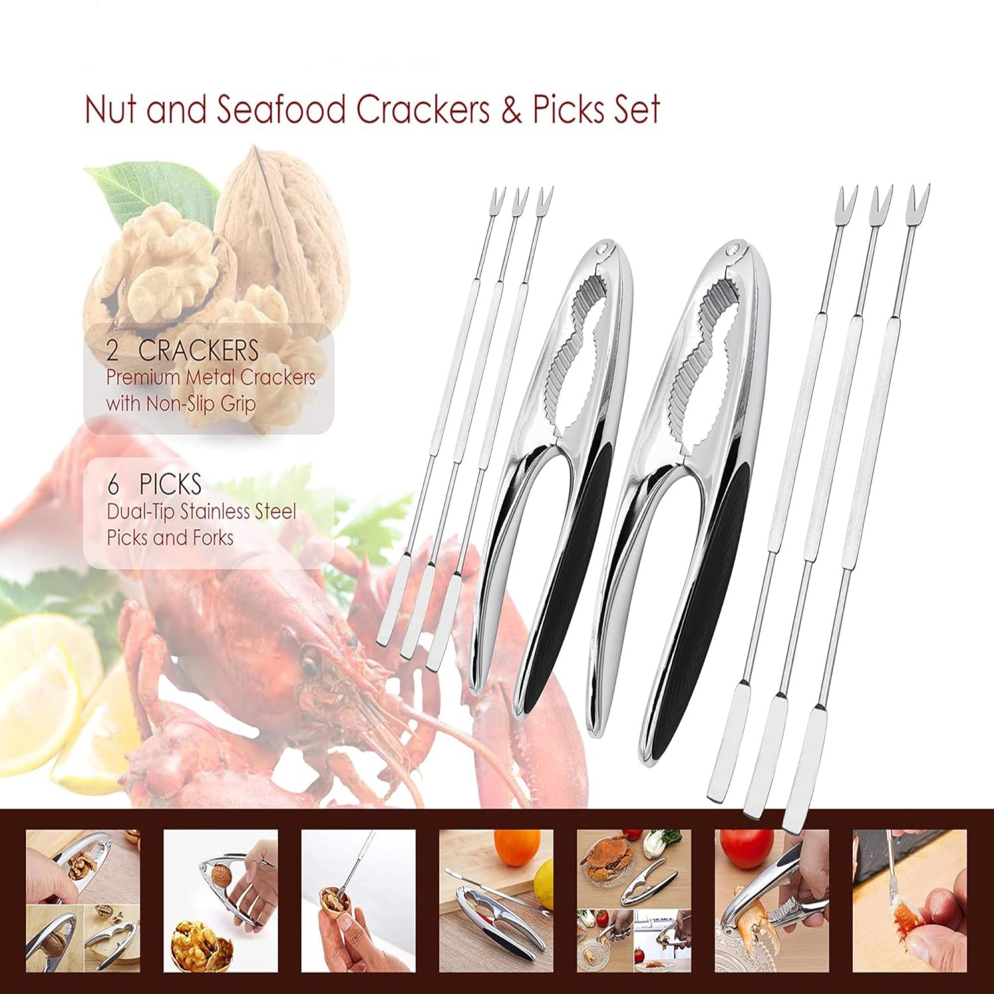 Premium Stainless Steel Lobster & Crab Crackers with Non‑Slip Grip – Includes Picks & Forks for Seafood Shell Cracking, Durable Metal Tools Set (2 Crackers + 6 Picks)