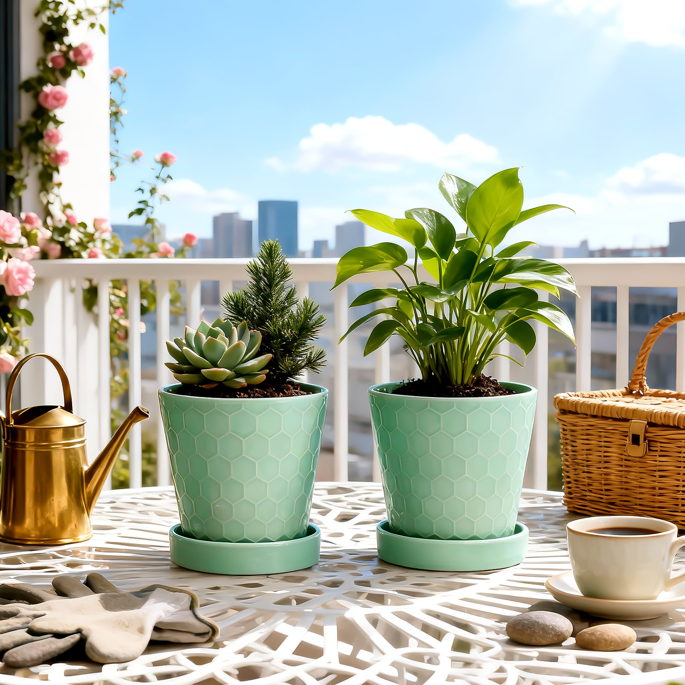 BUYMAX 5" Ceramic plant pots with drainage hole and tray, 4-Pack-1-pattern, gardening home desktop office windowsill decoration， mintgreen flower pots indoor