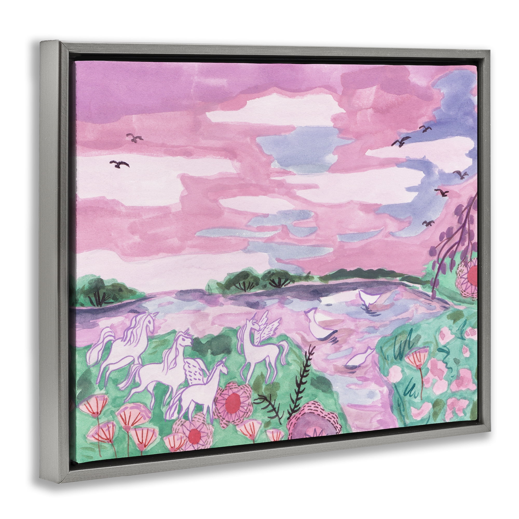 Stupell Industries Pastel Unicorns Landscape Fantasy & Sci-Fi Painting Gray Floater Framed Canvas Art Print Wall Art, 21 x 17