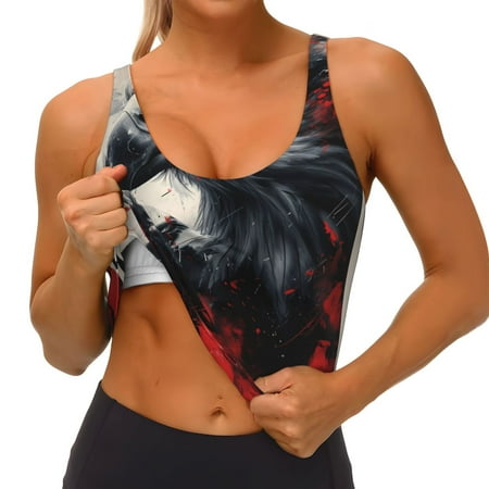 Qokaie Red Black Ink Style Bald Eagle Pattern Womens Scoop Neck Sports Bra Breathable Workout Vest Padded U Back Medium Impact Fitness Gym Yoga Bra Workout Crop Top