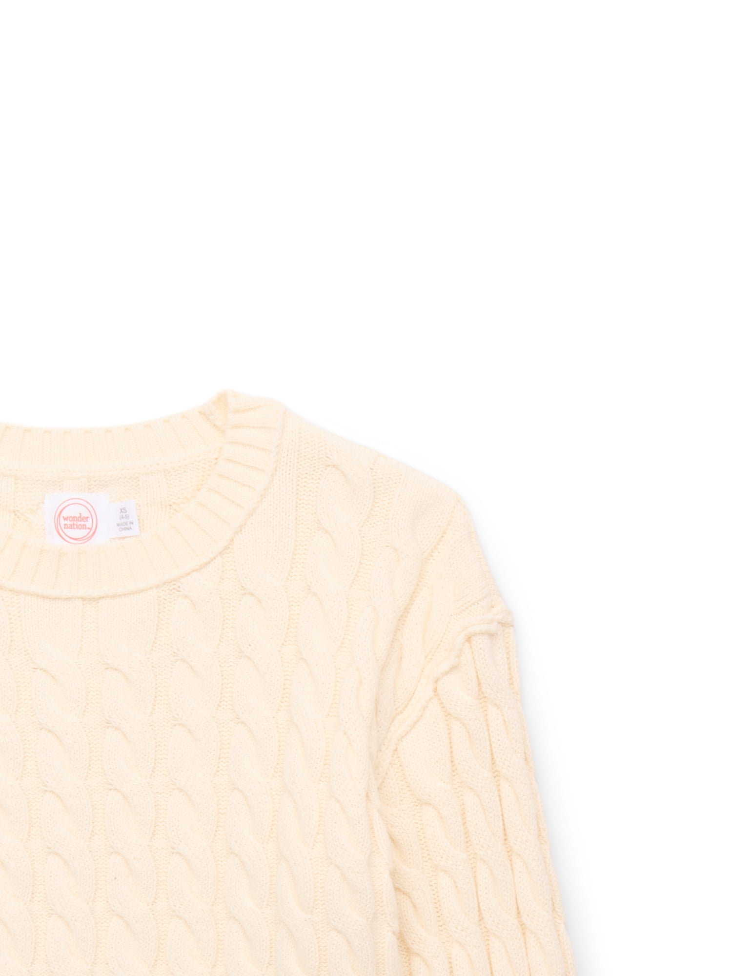 Wonder Nation Girls' Cropped Cotton Cable Knit Sweater, Sizes 4-18