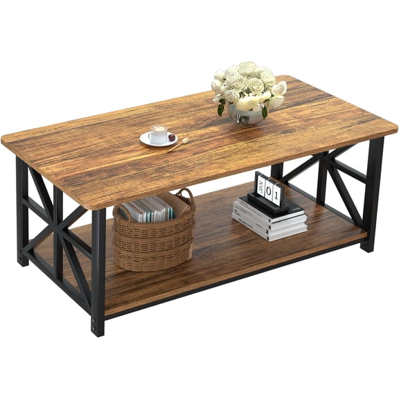 Coffee Table with Rounded Corners and 2-Tier Storage Shelf X-Frame Design for Living Room 39 Inch Walnut Rectangle