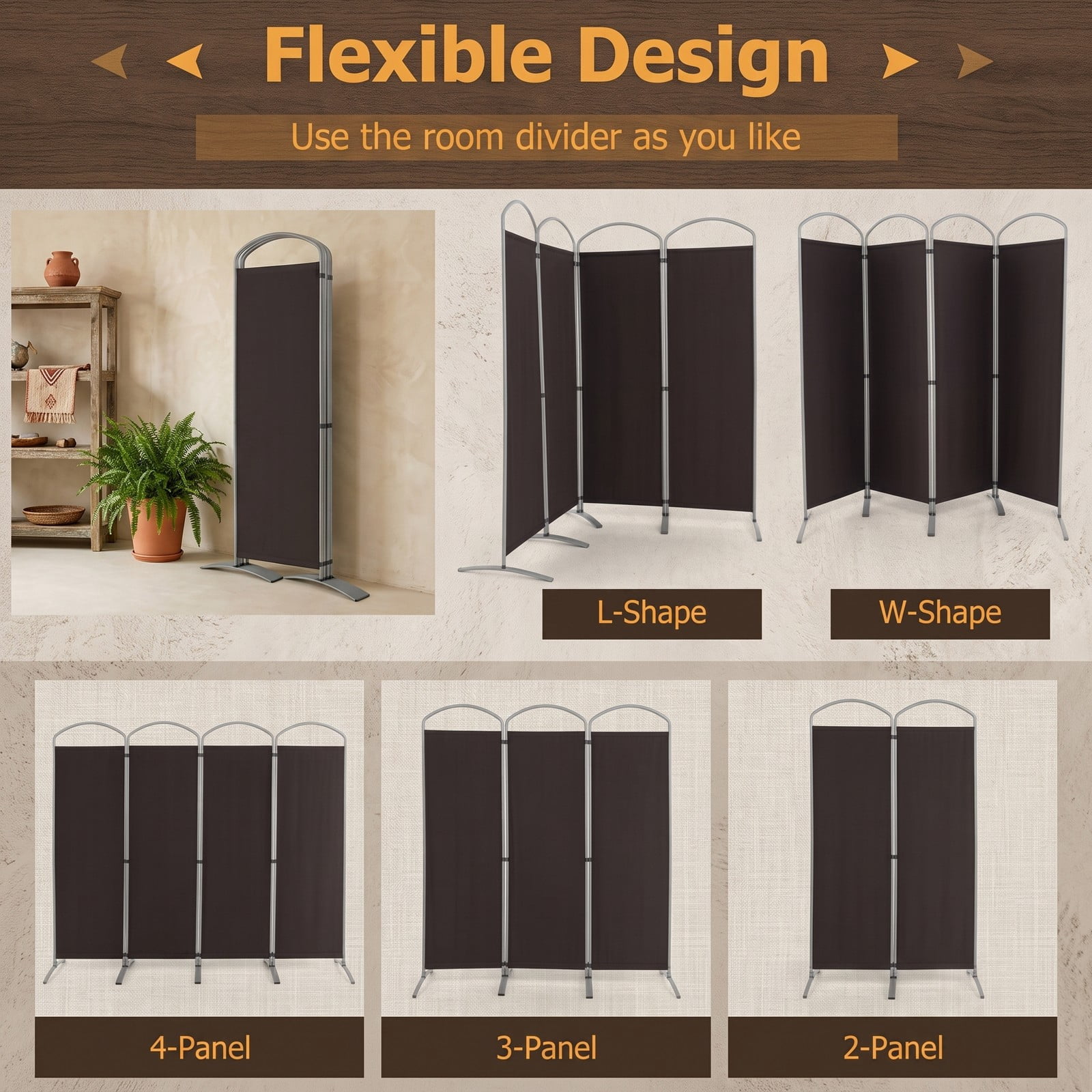 ALPULON 6.2Ft Folding 4-Panel Room Divider Freestanding Privacy Screen Partition for Home Office Living Room Bedroom, Polyester Fabric with Metal Base, Brown