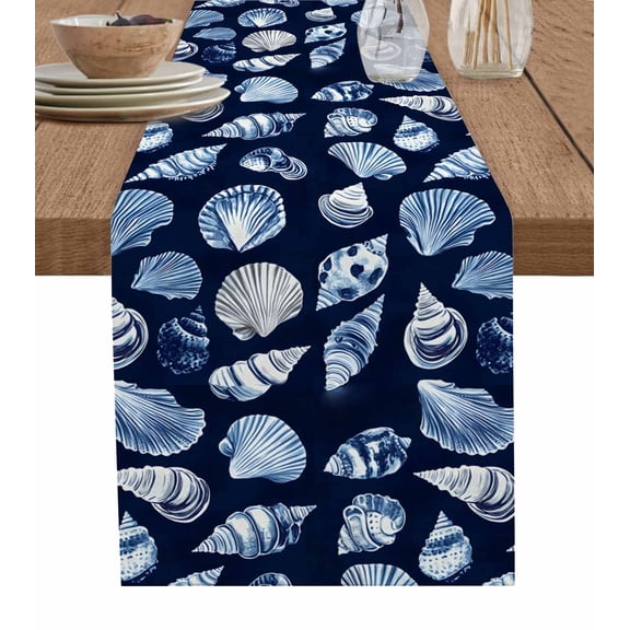 Hokiten Table Runners 90 Inches Long Dress Scarves, Navy Blue Coastal Farmhouse Coffee/Dining/Kitchen Table Runner for Living Room, Summer Beach Shell Conch 13x90 Inch