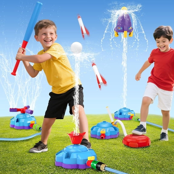 CQHVKQ 4-in-1 Kids Water Sprinklers T Ball Set, Water-Spraying Rocket, Rocket Launch Game, Spinning Water Sprayer Outdoor Summer Toys for Boys Girls Outside Water Game Toys for Kids 3-12