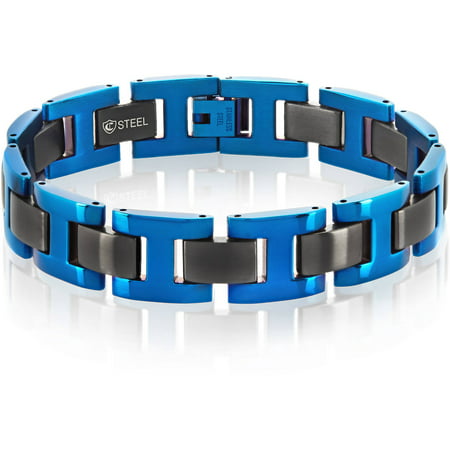 Crucible Blue and Black IP Dual-Finish Stainless Steel H Link Bracelet (15mm), 8.5