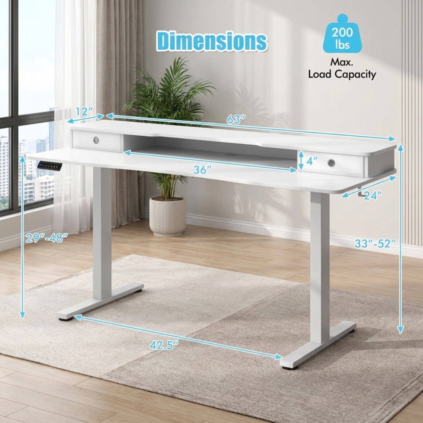 Furnibear 63 x 24 Inch Large Electric Standing Desk with 2 Drawers Monitor Stand Memory Presets Anti-Collision White