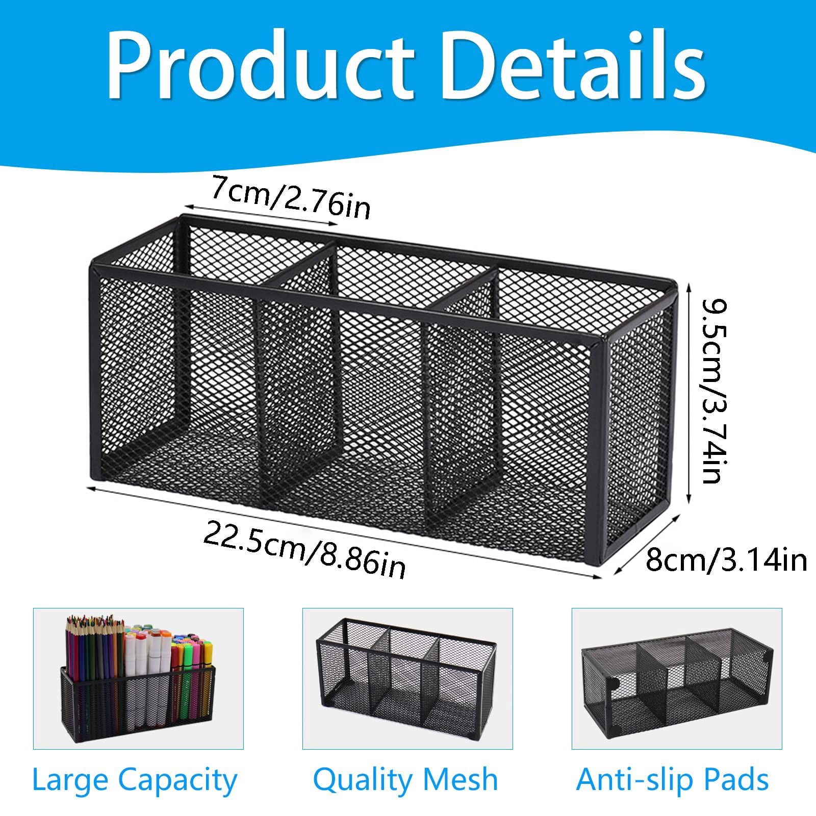 Piwvid Black Metal Mesh Desktop Pen Holder with 3 Compartments, Industrial Style Desk Organizer Stand, Compact Storage Caddy for Brushes Markers and Daily Office Stationery Supplies