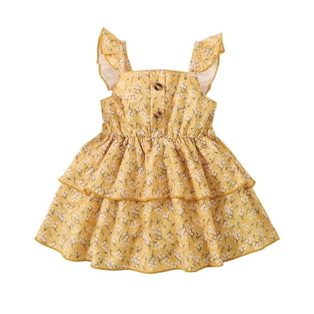 

Kucnuzki Infant Baby Girl Clothes 18 Months Summer Dress 24 Months Sling Wide Neck Elegant Floral Prints Flouncing Dress Yellow