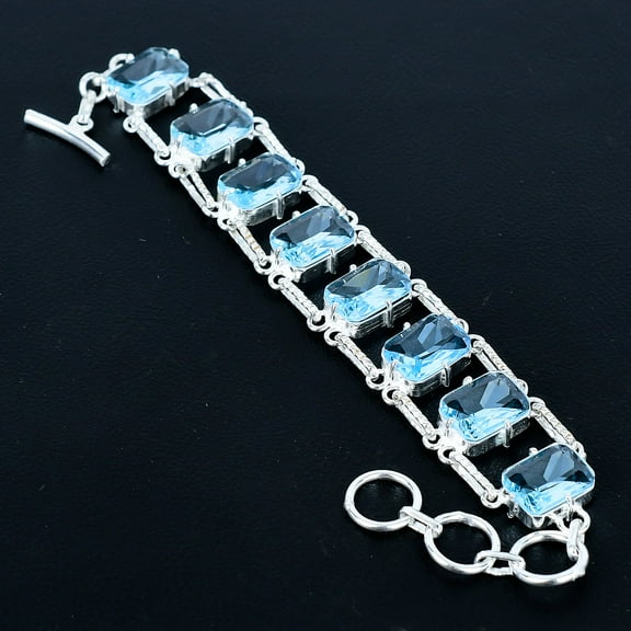 Swiss Blue Topaz Cushion Gemstone 925 Sterling Silver Jewelry Bracelet 7" VJ 236