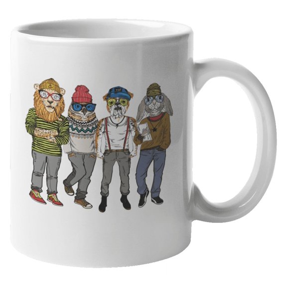 Hipster Lion, Owl, Bulldog And Rabbit. Cool Graphic Animals Print Coffee & Tea Gift Mug For Hippie, Bohemian, Artist, Vet, Animal Lover, Pet Lovers, Teenagers, Youth, Girls And Boys (11oz)