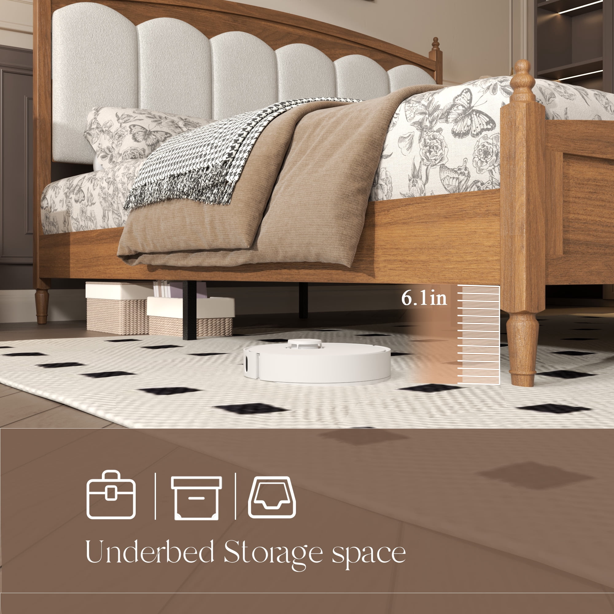 Howcool King Size Wood Platform Bed Frame with Upholstered Boucle Headboard,800lbs,Noise-Free,Under-Bed Storage,Brown