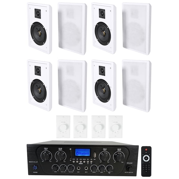 Rockville 4-Room Home Audio Kit Stereo 8) White Slim Wall Speakers Wall Controls