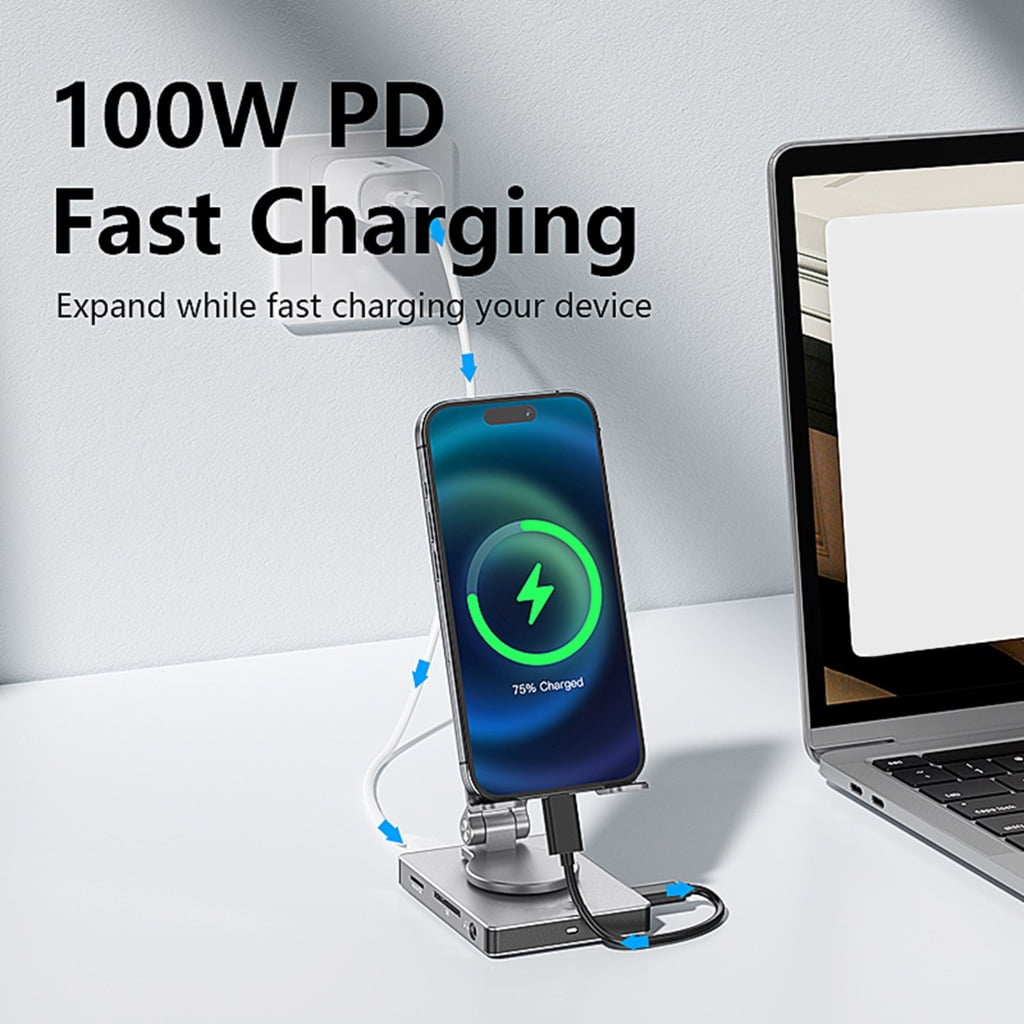 Foldable 8 in 1 USB C Hub Adapter 5Gbps Data Transfer 100W Fast Charging Rotatable Phone Stand Aluminum Construction