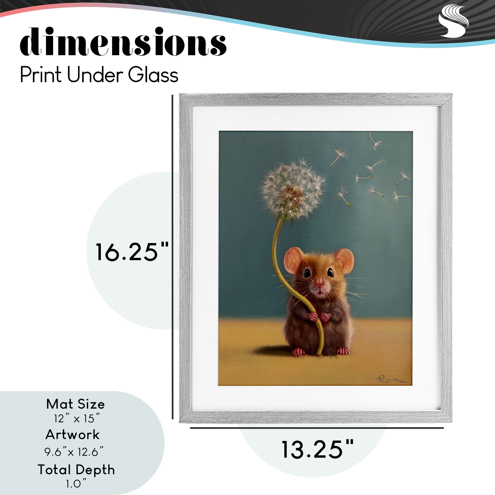 Tiny Wishes Mouse & Dandelion Gray Framed Print Under Glass, design by Lucia Heffernan