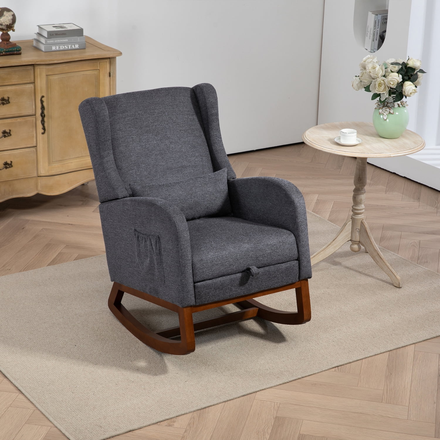 Miekor Furniture 25.4" W Modern Rocking Chair for Nursery,Mid Century Accent Arm Rocker With Retractable Footrest,Side Pocket,Comfy Upholstered Wingback Wooden Glider Chair MK3968