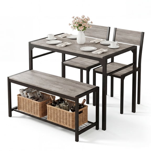 Wisakey 5-Piece Dining Table Set – Space-Saving Kitchen Table with Faux Wood Grey Finish & Black Steel Frame, 2 Chairs Bench, Waterproof Tabletop