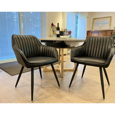 KOSSMAI Set of 2 Faux Leather Upholstered Tufted Stitching Arm Dining Side Chair with Metal Adjustable Legs for Dining Room, Living Room, Study Room,Black