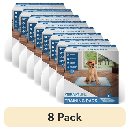 (8 pack) Vibrant Life Training Pads Super Absorbent, Leak Proof, & Fast Dry Dog and Puppy Pee Pads L 22 in x 22 in, 100 Count