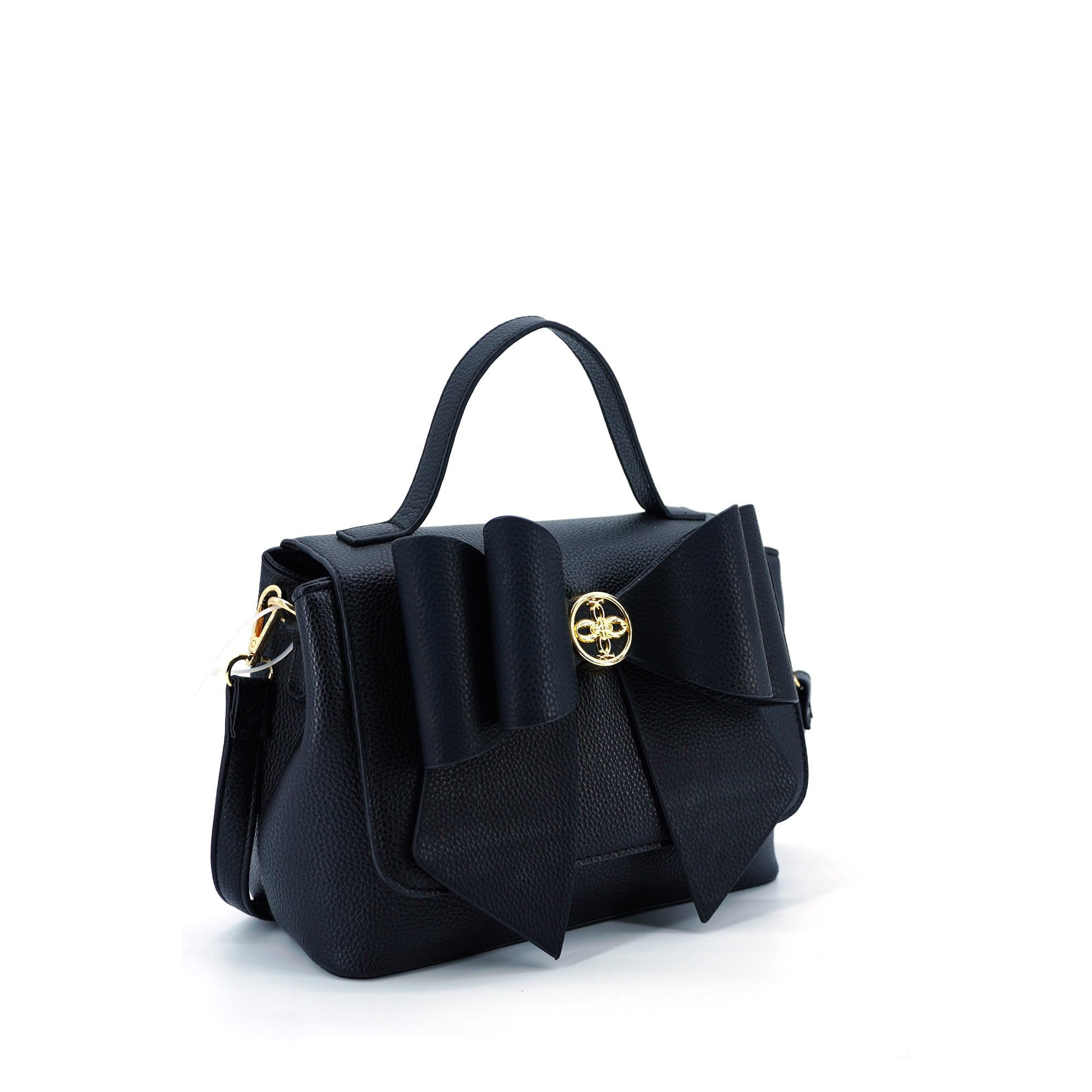 LIKE DREAMS Women's Vegan Leather Adjustable Detachable Strap Zoey Double Bow Crossbody Bag, Black