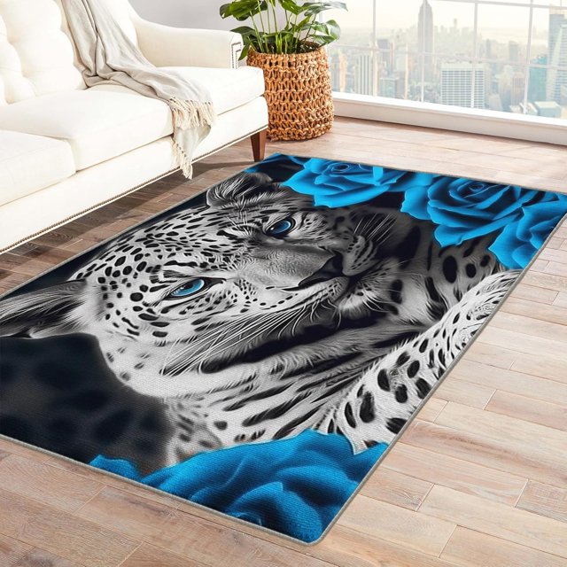 Cheetah Area Rug 6x9, Flower Rugs for Bedroom Living Room, Blue Carpet, Machine Washable Rug, Non Slip Soft Low Pile Rugs Large Area Rug Home Decor T6&-51