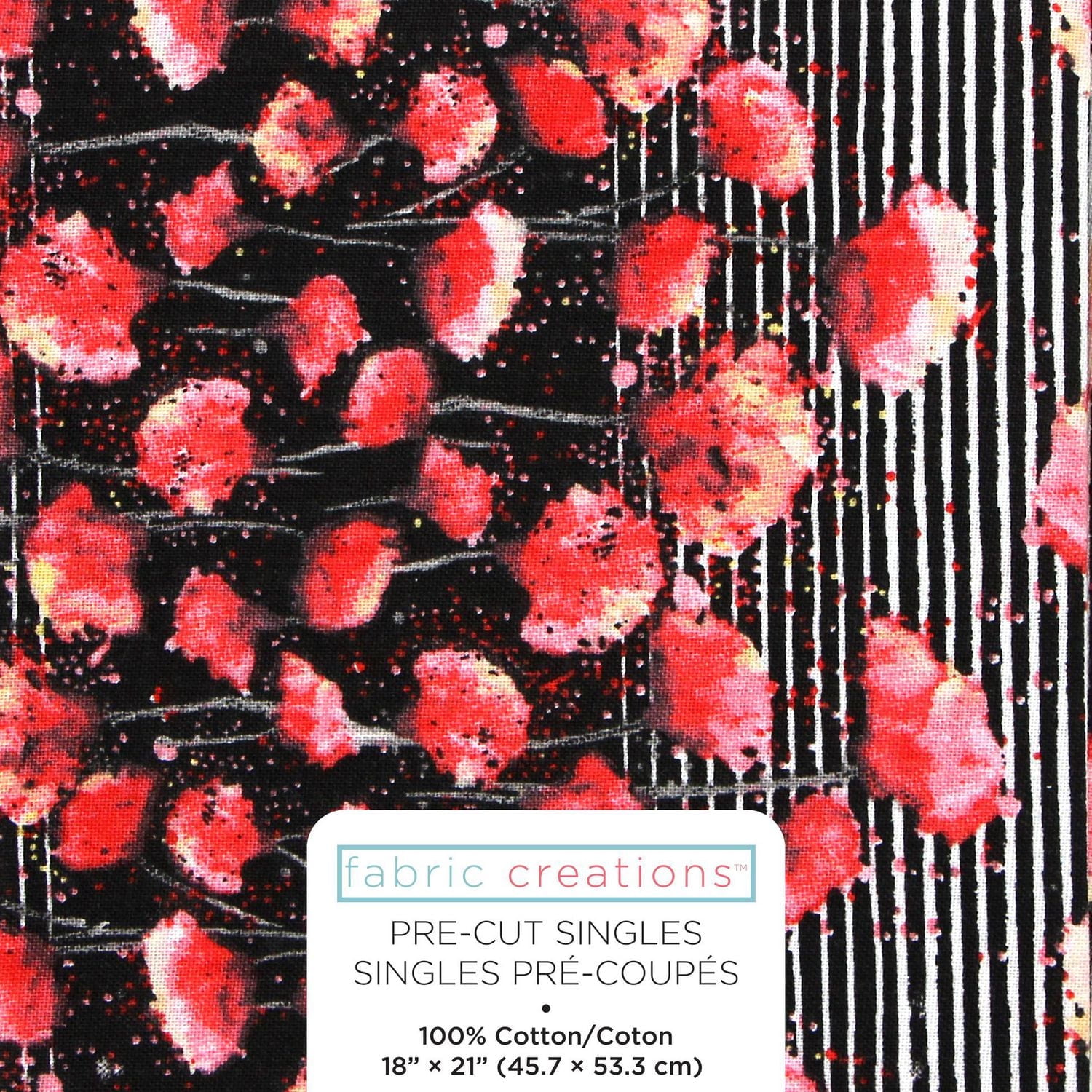 Fabric Creations Black with Red Watercolour Poppies Fat Quarter Pre-Cut Fabric - 18" x 21" / 45cm x 53cm, 18" x 21" / 45cm x 53cm