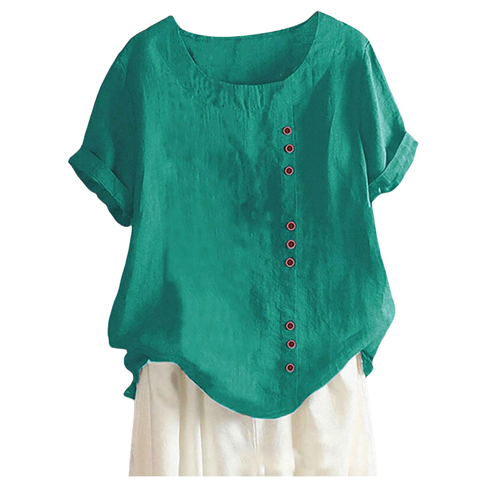 WEIYLL T Shirts for Women Plus Size Linen Loose Tunic Breathable Boho Solid Green Tee Sizes XXXXXL