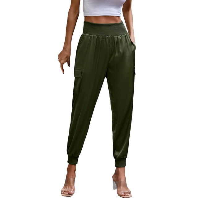 Pantalones de Yoga Gibobby con bolsillo Cintura elástica de satén para mujer Verde M