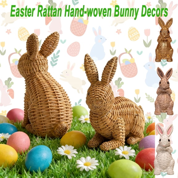 Easter Hand-Woven Natural Rattan Bunny Basket Decoration, Wicker Rabbit Ornament for Spring Easter Decor, Rustic Pastoral Farmhouse Indoor Outdoor Tabletop Home Centerpiece, HAODEJW