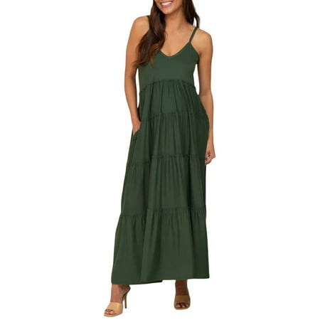 

TFFR Pregnant Woman Solid Color Dress V-Neck Spaghetti Strap Sleeveless Sling Maternity Dress